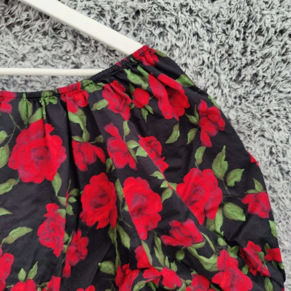 Old Navy Womens Cottage Romantic Rose Floral Peplum Top XL Black Red Puff Sleeve
